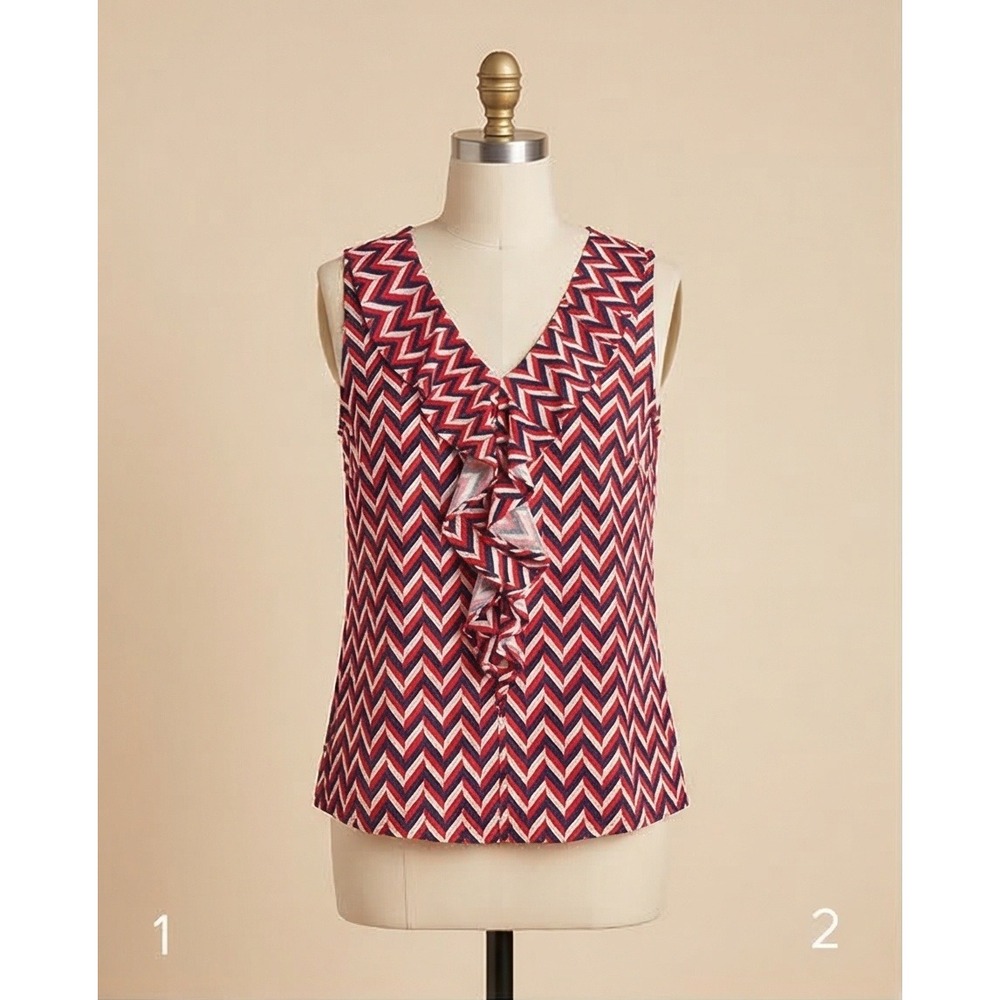 Eloquii Premier 18 Red Navy Geometric Chevron Ruffle V-Neck Blouse Tank Flirty